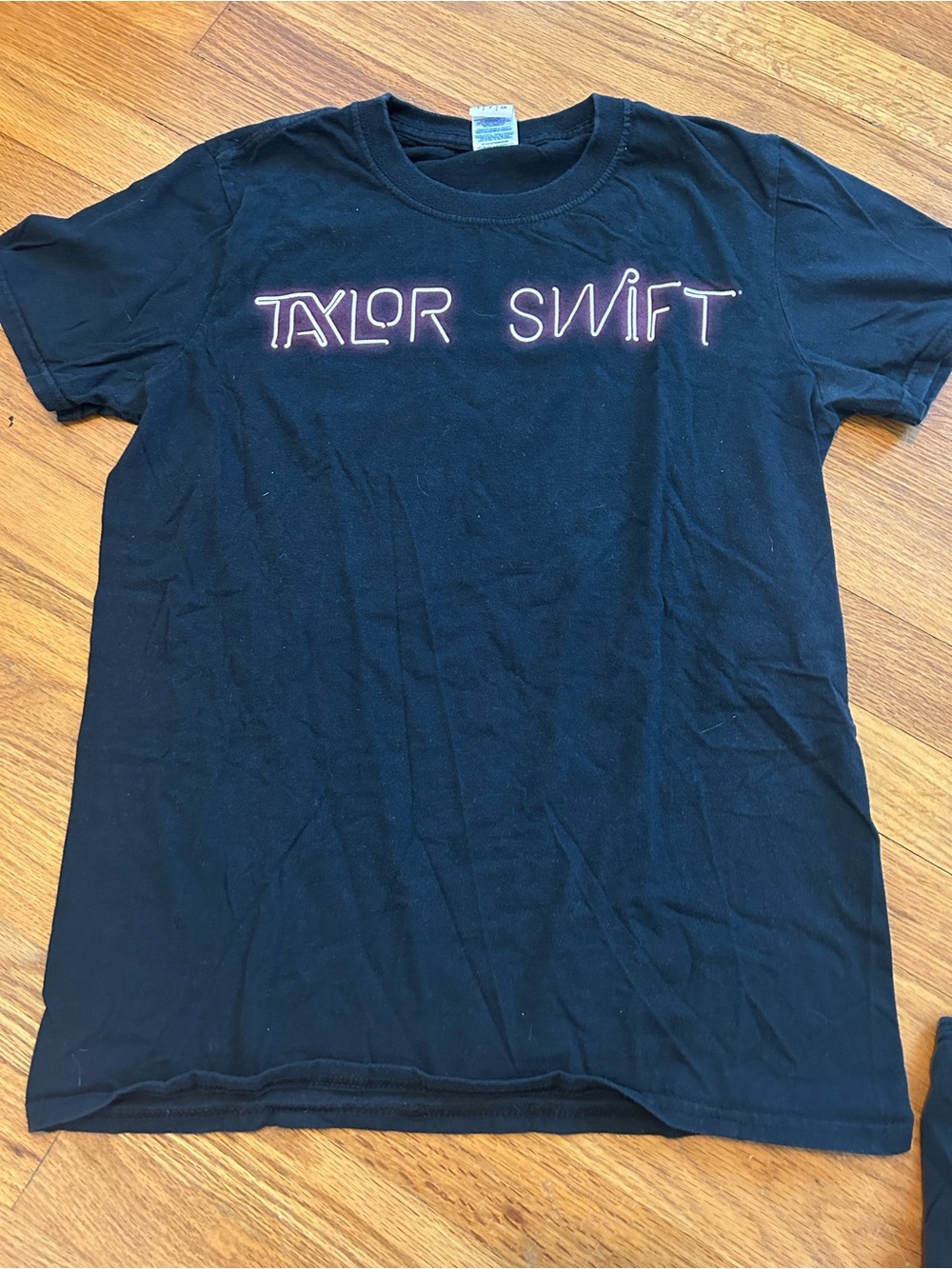 Gildan Black Short Sleeve Tee with Pink 'Taylor Swift' Neon Text